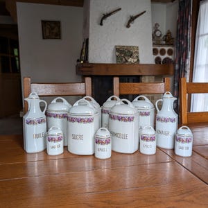 French vintage kitchen storage container set with porcelain lids for coffee spices sugar vinegar in rustic shabby chic style