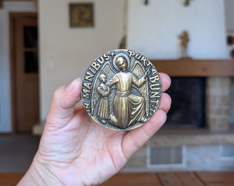 Religiös bronsmedalj I MANIBUS PORTABUNT gudomligt skydd Kristen amulett samlargåva