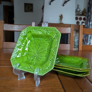 Bassano Majolica Costa vintage 60&#39;s set of 4 square deep plates cabbage leaf motif with woven green pattern from Italy