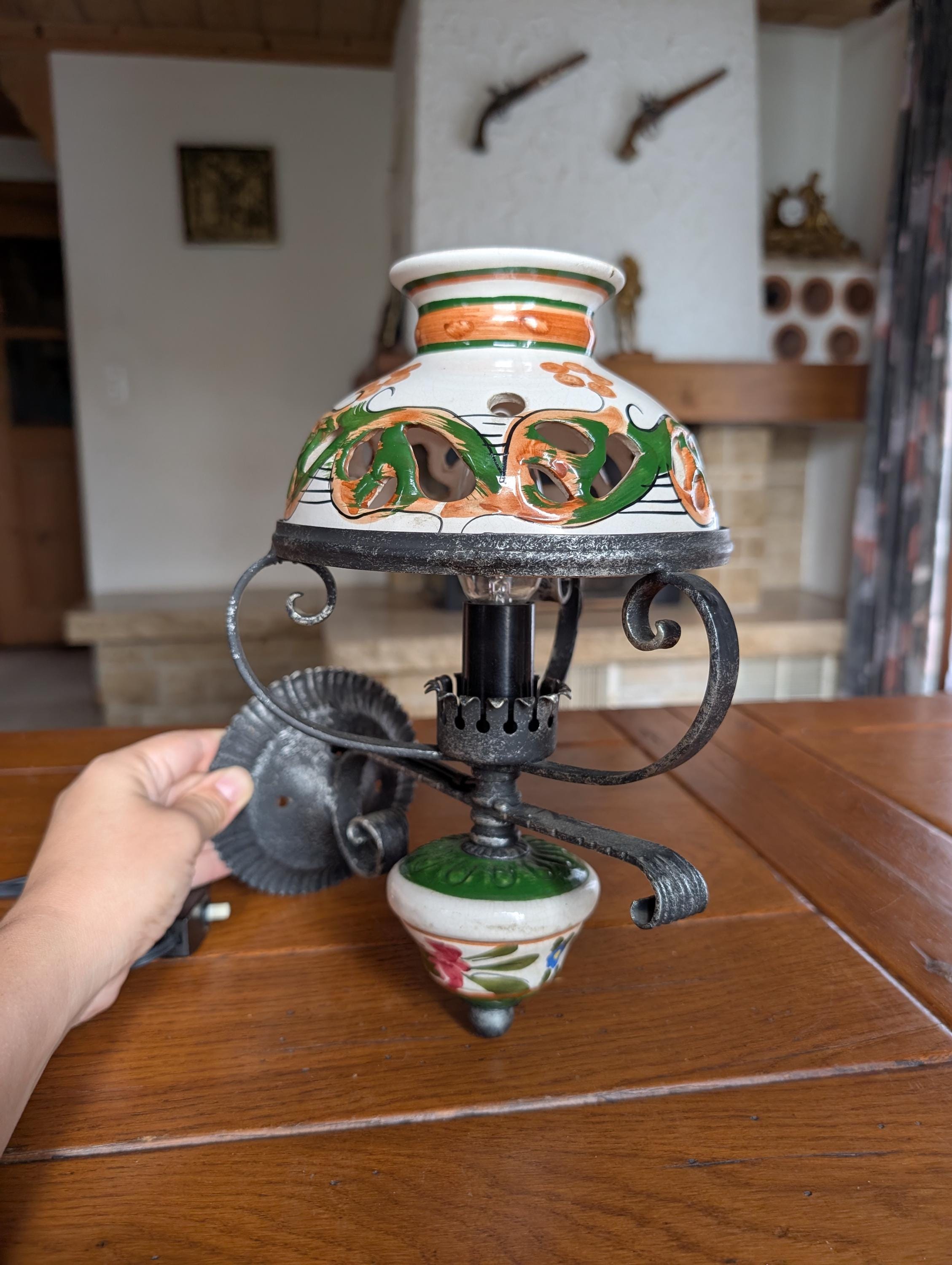 Vintage Floral Ceramic Wall Lamp, Alpine Folk Style, Wrought Iron