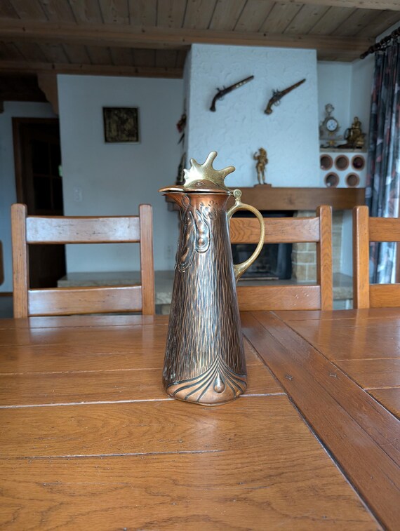 花器　アンティーク　WMF 1909年　ドイツ製　フランス輸出用　特別モデル WMF Antique Rooster Pitcher: Brass & Copper Art Nouveau Wine