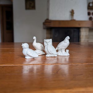 Vintage porcelain bird figurines in ivory glaze set of 4 with owl and dove for bird lover gift