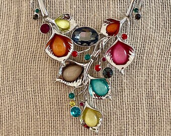 statement necklace, statement necklace for women, multicolor statement necklace, silver statement necklace, multicolor silver leaf necklace