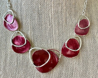 red statement necklace, statement necklace for women, silver statement necklace, burgundy statement necklace, silver necklace, red necklace