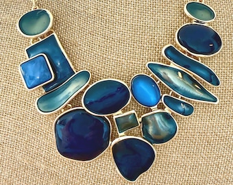 Geometric Statement Necklace: Blue and Navy Acetate & Gold Plated, Runway-Inspired Jewelry , Mother's Day Gift