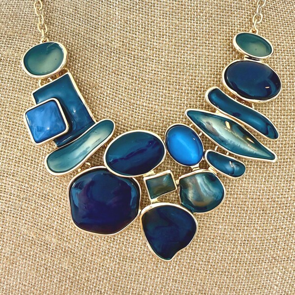 Geometric Statement Necklace: Blue and Navy Acetate & Gold Plated, Runway-Inspired Jewelry