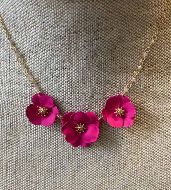 Pink Five Flower Statement Bib Bubble Necklace holiday gift Ship from US