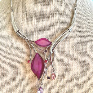 Purple Rhinestone Statement Necklace: Silver Avant-Garde Runway-Inspired Design, 18&quot;