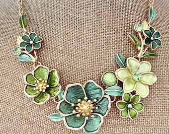 Green Flower Statement Necklace: Green, Yellow, and Gold, , Mother's Day Gift