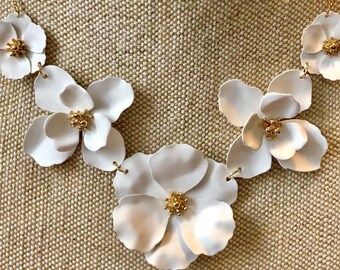 White Flower Statement Necklace: Bridal Wedding Jewelry, 20"