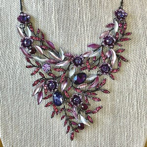 Purple Flower Vine Statement Necklace: Vintage 60s Style,