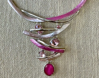 Pink necklace, statement necklace, statement necklace for women, silver statement necklace, pink statement necklace, silver necklace, Barbie