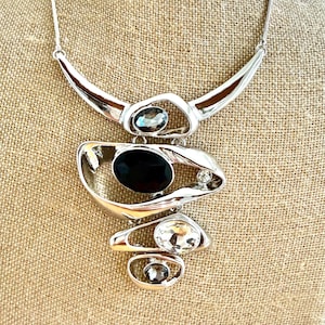 Black Rhinestone Silver Geometric Statement Necklace, Gift, 18"