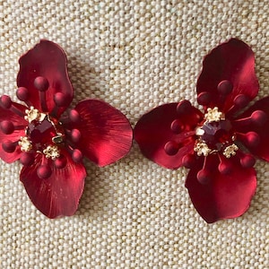 Red Flower Rhinestone Statement Earrings