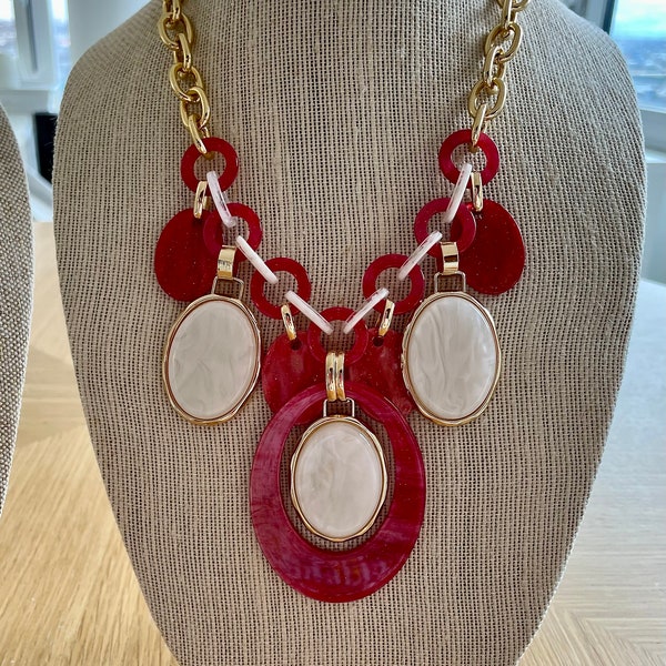 statement necklace, statement necklace for women, red statement necklace, white statement necklace, red necklace, avant garde necklace