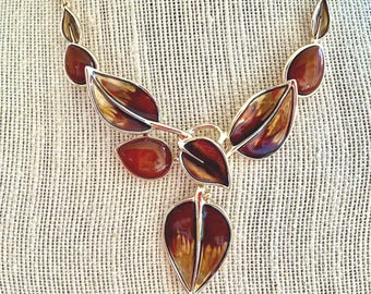 Brown Enamel Leaf Statement Necklace - Gold Plated, Modern Vintage Design, 18 inch