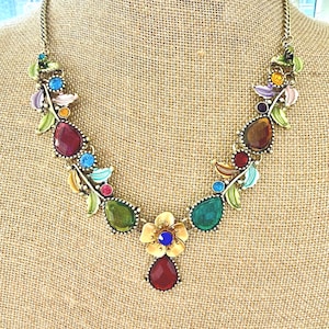 Multi-Color Enamel Flower Necklace, Vintage Style Rhinestone Statement Jewelry, 20"