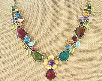 Multi-Color Enamel Flower Necklace, Vintage Style Rhinestone Statement Jewelry, 20"