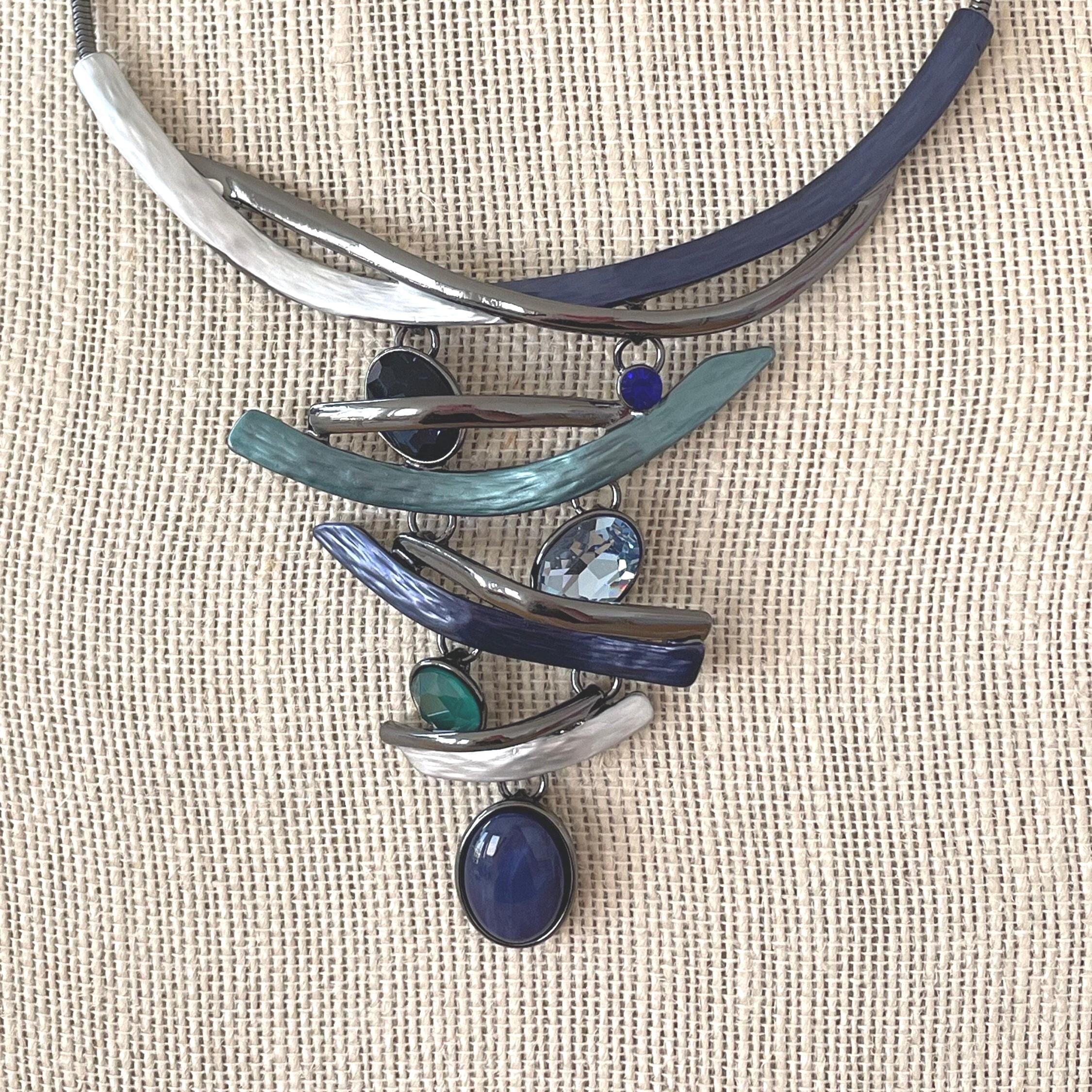 Blue & Black Geometric Statement Necklace: Rhinestone Tornado Design, 20"