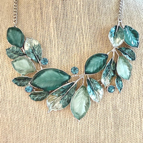 Chunky Teal Rhinestone Leaf Statement Necklace, Silver Chain: Vintage Style, 21"