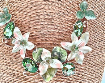 Green Flower Statement Necklace, Bridal Wedding Jewelry, 15-18 Inch