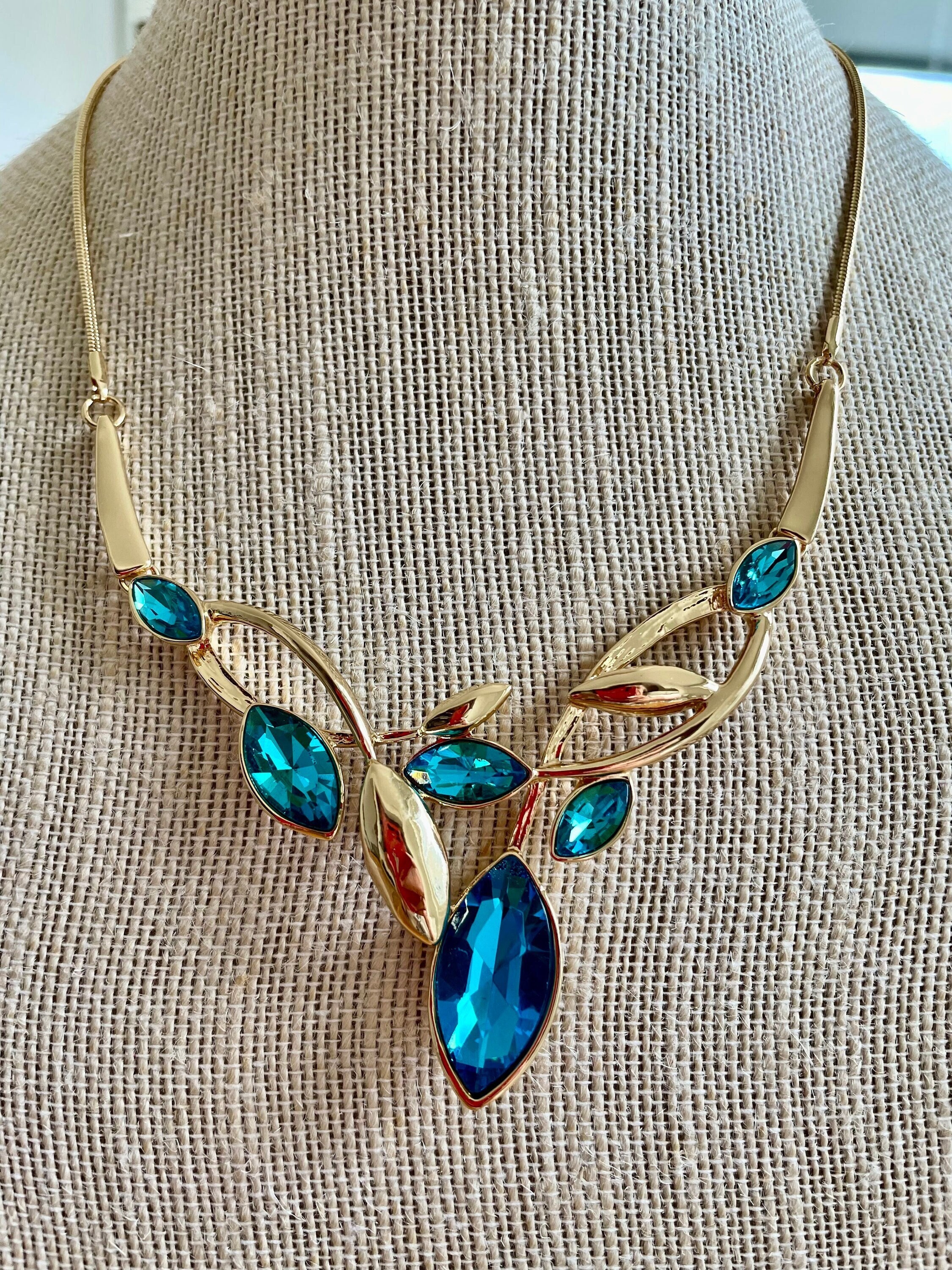 Blue Necklace, Chunky Rhinestone Statement Leaves, 18"