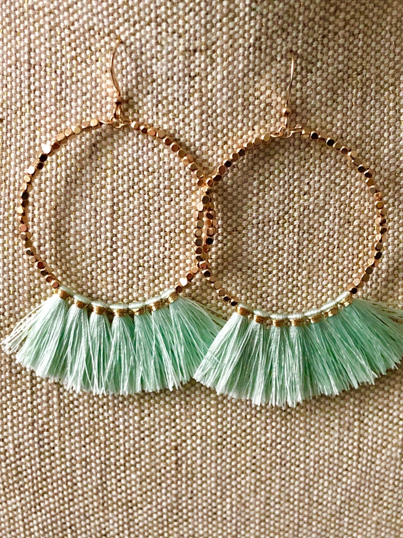 green earrings green hoop earrings Green TASSEL hoop EARRINGS hoop green tassel earring green fringe earring green tassel earrings