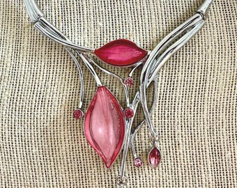 Pink Silver Statement Necklace: Modern Geometric Necklace, 18",