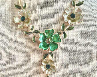 Chunky Enamel Flower Y-Necklace: Green Rhinestone Statement Necklace, 19"