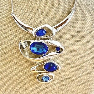 Geometric Silver Statement Necklace: Blue Rhinestone Vogue Style