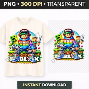 May include: Cream-colored t-shirt featuring a colorful Roblox character design. The graphic includes a character with headphones, holding a controller, and the Roblox logo. The design also includes Minecraft-style elements and the text "ROBLOX".