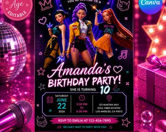 Kpop Invitation | Demon Hunter Invite | BTS Birthday Card | Party Theme | Canva Template | Neon Design