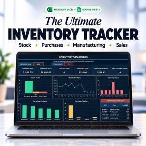 Inventory Tracker Spreadsheet for Small Business | Stock Dashboard, Manufacturing, Purchases, Sales & Production