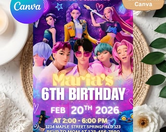 Invitación de cumpleaños estilo Kpop / Plantilla editable de Canva / Invitación digital para fiestas infantiles (descarga gratuita)