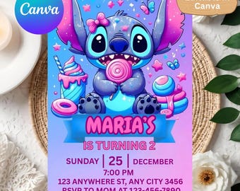 Invitación de cumpleaños de Stitch / Invitación editable para fiesta de dibujos animados (Descarga digital de Canva)