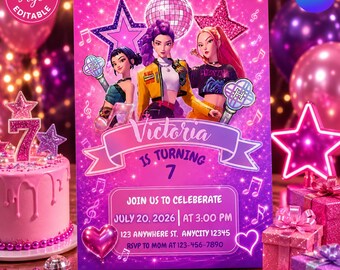 Kpop Demon Hunters Birthday Invitation | Pink Invite | Girls Event Card | Canva Editable Template