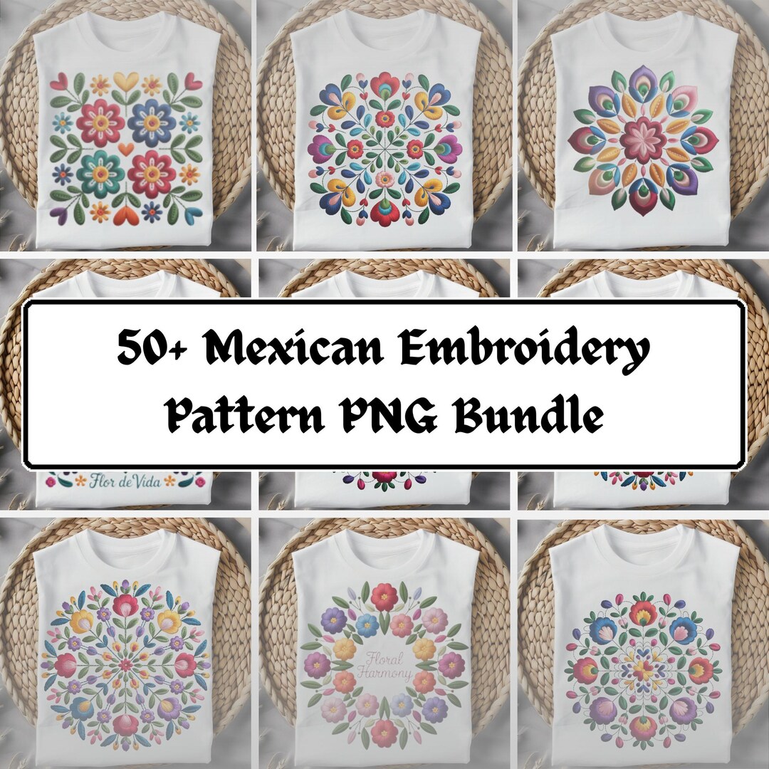50+ Mexican Embroidery Pattern PNG Bundle | Colorful Floral Folk Art ...