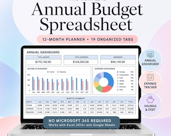 Annual Budget Spreadsheet | Excel & Google Sheets | 12 Month Budget Planner with Dashboard, Trackers