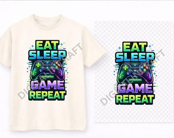 Diseño PNG para gamers / Camiseta con diseño gráfico de controlador con la frase "Comer, dormir, jugar, repetir" (descarga digital)