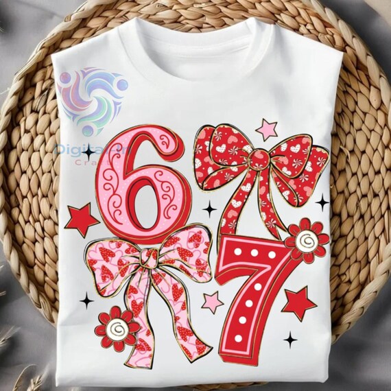 67 Birthday PNG | Pink Red Bow Numbers Sublimation Design | Cute Coquette Number Graphic for Shirts & Crafts | Gift For Women and Kids