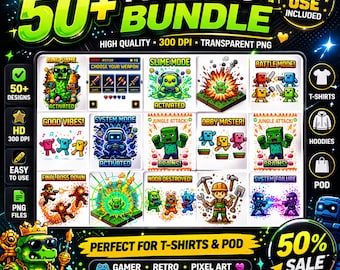 Paquete de más de 50 imágenes PNG de píxeles / Paquete de diseños de pixel art para gamers / Gráficos para camisetas