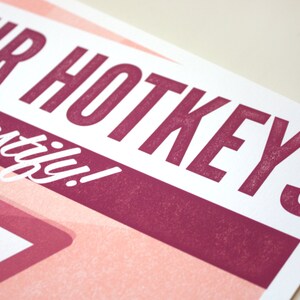 May include: A close-up of a print with the words "YOUR HOTKEYS" in large, burgundy block letters. Below, in a smaller, white script, it reads "to justify!". The background has a pink and white geometric design.