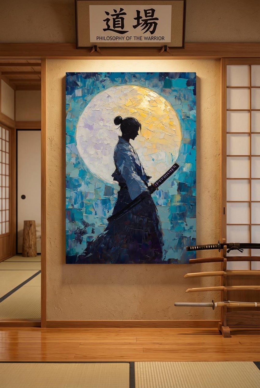 Samurai Wall Art | Japanese Warrior Canvas | Moon Silhouette Print ...