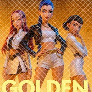 May include: Digital illustration of three stylized female figures in fashionable outfits. The figures are set against a yellow and orange gradient background with a grid overlay. The text "GOLDEN HUNTRIX" is displayed in large yellow letters.