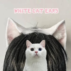 White Plush Cat Ears & 80cm Tail Set - 6.5cm Ears (Headband/Clip-On) | Cosplay Halloween Anime Props