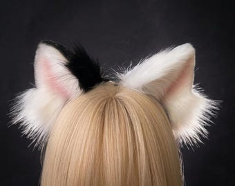 Orejas de gato realistas de colores divididos, orejas de neko en blanco y negro, diadema de gatito de piel sintética para cosplay, anime, streamer y accesorio de disfraz.