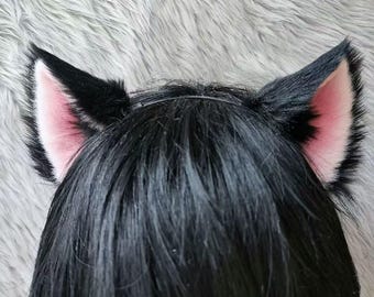 Orejas de gato para cosplay negras y rosas / Diadema con orejas de gato peludas hechas a mano para disfraz de anime, Halloween, atuendo kawaii, fiesta temática