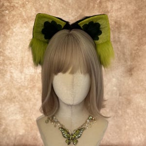 Green Faux Fur Cat Ears Headband: Clover Accent, Cosplay Costume