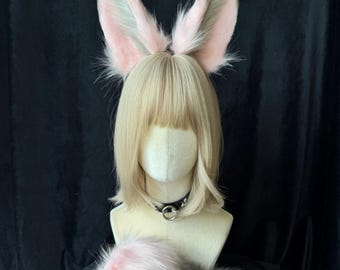 Angora Rabbit Ear & Tail Set - Bunny ears and tail, Pink Gray bunny sets/Adjustable Skeleton Headband Furry Cosplay Accessory