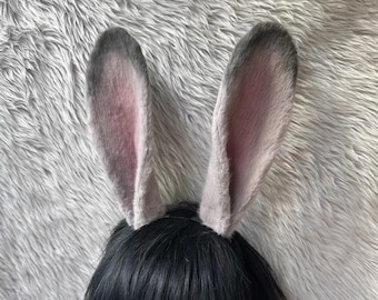 Handmade Gray White Bunny Ears and Tail Set - Furry Rabbit Cosplay Accessories for Halloween, Lolita, Costume Party